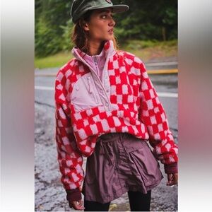 💗RARE💗 FP Movement by Free People Red and Pink Checkered Fleece Pullover